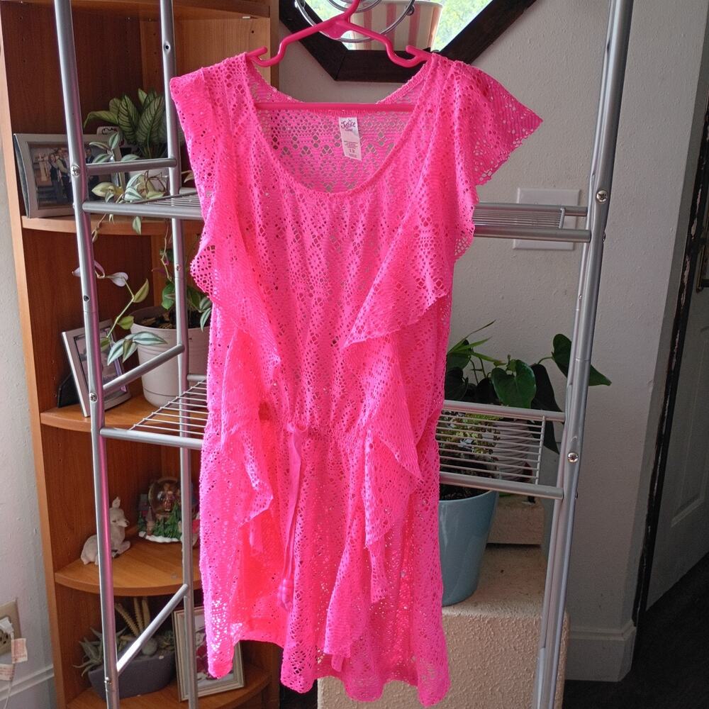 Justice Swim Hot Pink Ruffle Lace Swimsuit Cover up Elastic Tie Girl's 12